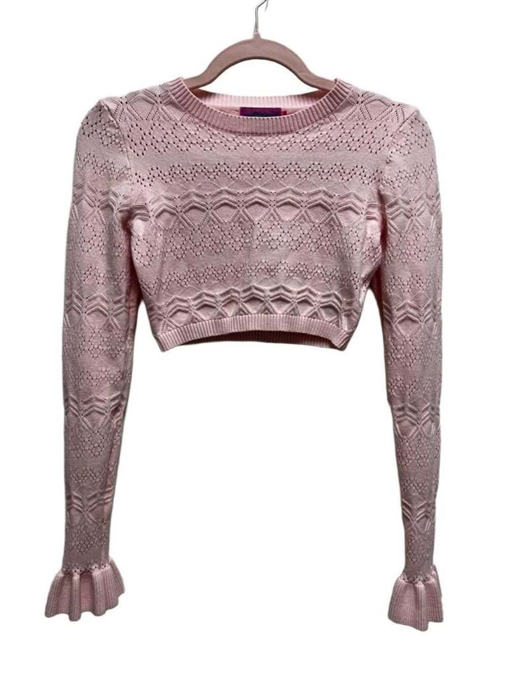 Edikted Pink Cropped Knit Sweater with Ruffled Cuffs